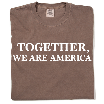 A brown, garment-dyed heavyweight crewneck t-shirt with the text TOGETHER, WE ARE AMERICA printed in white on the front.
