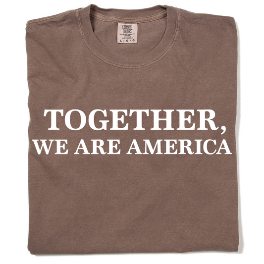 A brown, garment-dyed heavyweight crewneck t-shirt with the text TOGETHER, WE ARE AMERICA printed in white on the front.
