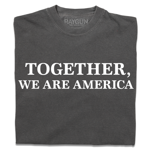 Dark gray, garment-dyed heavyweight t-shirt featuring the text TOGETHER, WE ARE AMERICA printed in white.