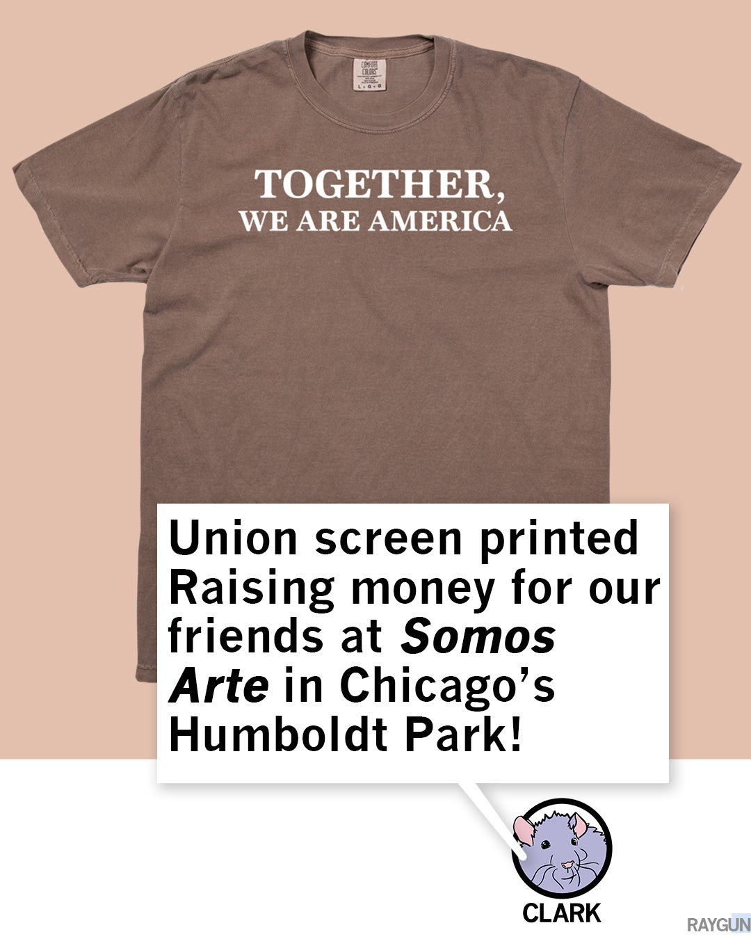 A brown, garment-dyed heavyweight t-shirt that says TOGETHER, WE ARE AMERICA, with a text overlay noting that proceeds support Somos Arte in Chicago’s Humboldt Park.
