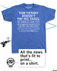Promo image using the same shirt with Madi the badger at the bottom commenting "All the news that's fit to print...on a shirt."