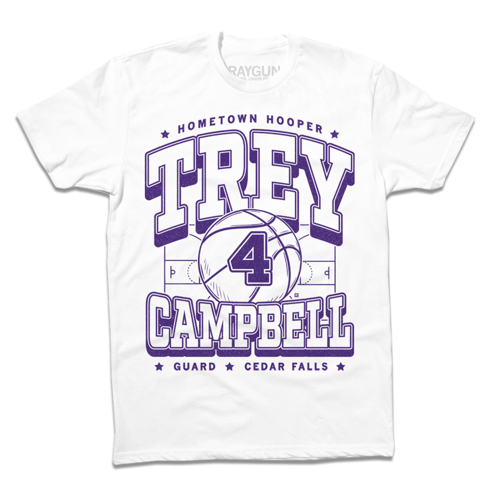 White t-shirt with purple ink that reads "Hometown Hooper. Trey Campbell. Guard. Cedar Falls" over an illustration of a basketball court with a giant basketball in the center that has the number 4 on it.