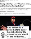 A satirical graphic featuring Donald Trump and a cartoon cat named Gary, who wears a Union Labor shirt and says, Leo better do a prison photo-op or he risks losing the values voters ahead of the midterms.