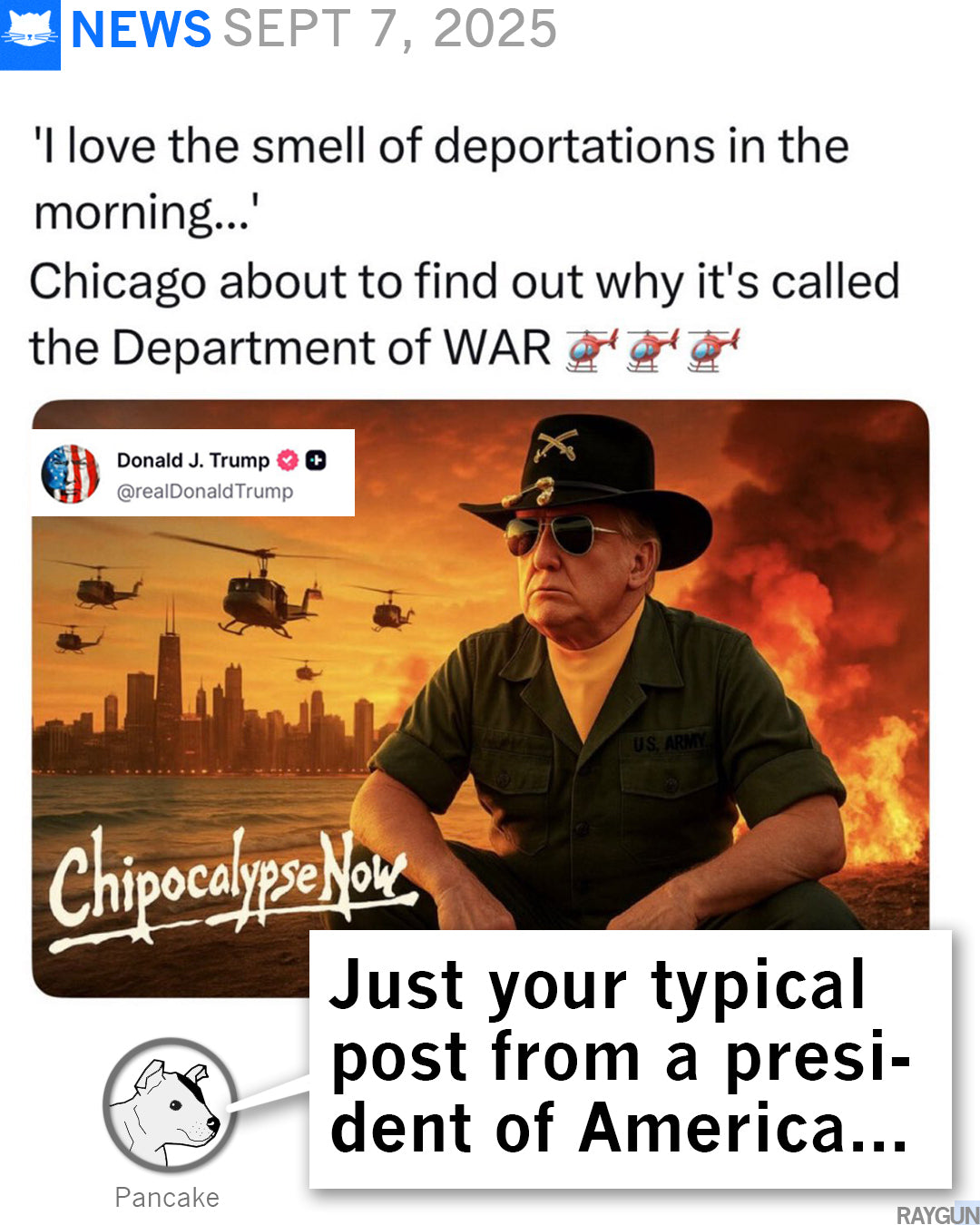 An AI-generated image of Donald Trump in military attire and a cowboy hat stands before a burning city with helicopters, captioned Chipocalypse Now, appearing as a screen print on a Chicago T-shirt.