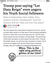 Promo image with TNR headline that reads "Trump post saying "Let Data Reign" even angers his Truth Social followers" over a screenshot of his post. Gary the Cat is below commenting "Whoa. This is the right wing political genius of our time?"