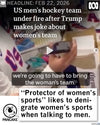 A man in a vintage white ringer t-shirt holds a phone displaying text criticizing Donald Trump’s comments on the US women’s hockey team, set against the ABC News logo and a Pancake brand watermark.