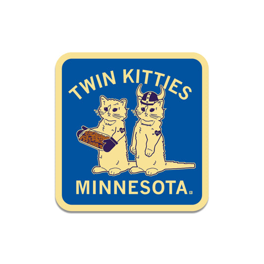 A square Twin Kitties sticker showing two cats labeled St. Paul and Minneapolis, with the text Twin Kitties Minnesota in yellow on a blue background.