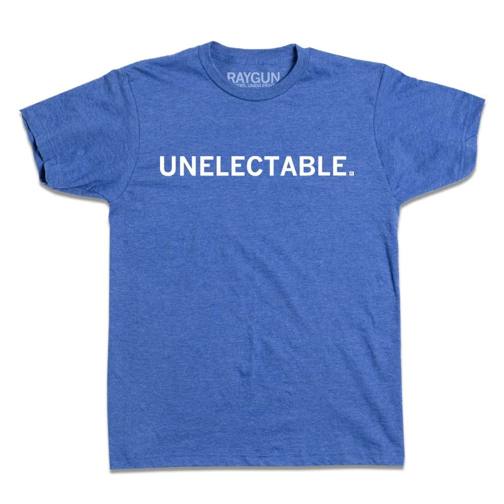 A short-sleeve heather royal t-shirt with white ink text that reads 'Unelectable"