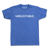 A short-sleeve heather royal t-shirt with white ink text that reads 'Unelectable"