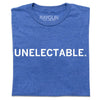 A folded heather royal blue t-shirt with white ink text that says, "Unelectable'