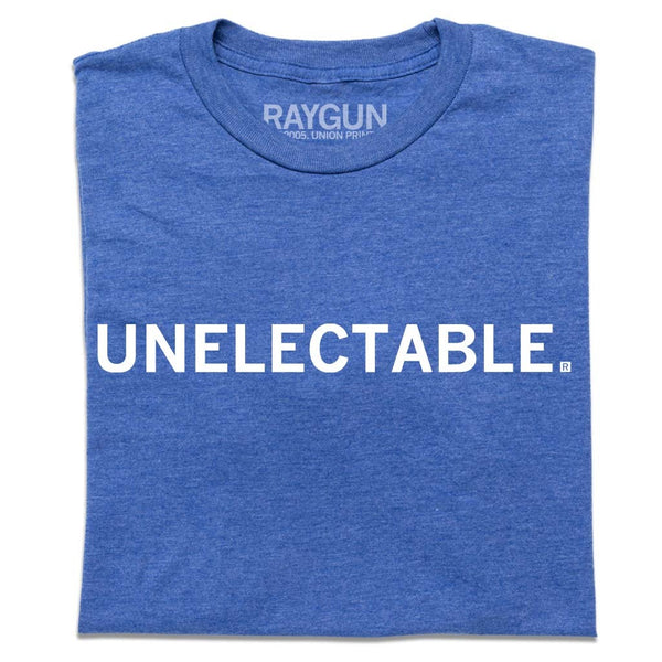 A folded heather royal blue t-shirt with white ink text that says, 