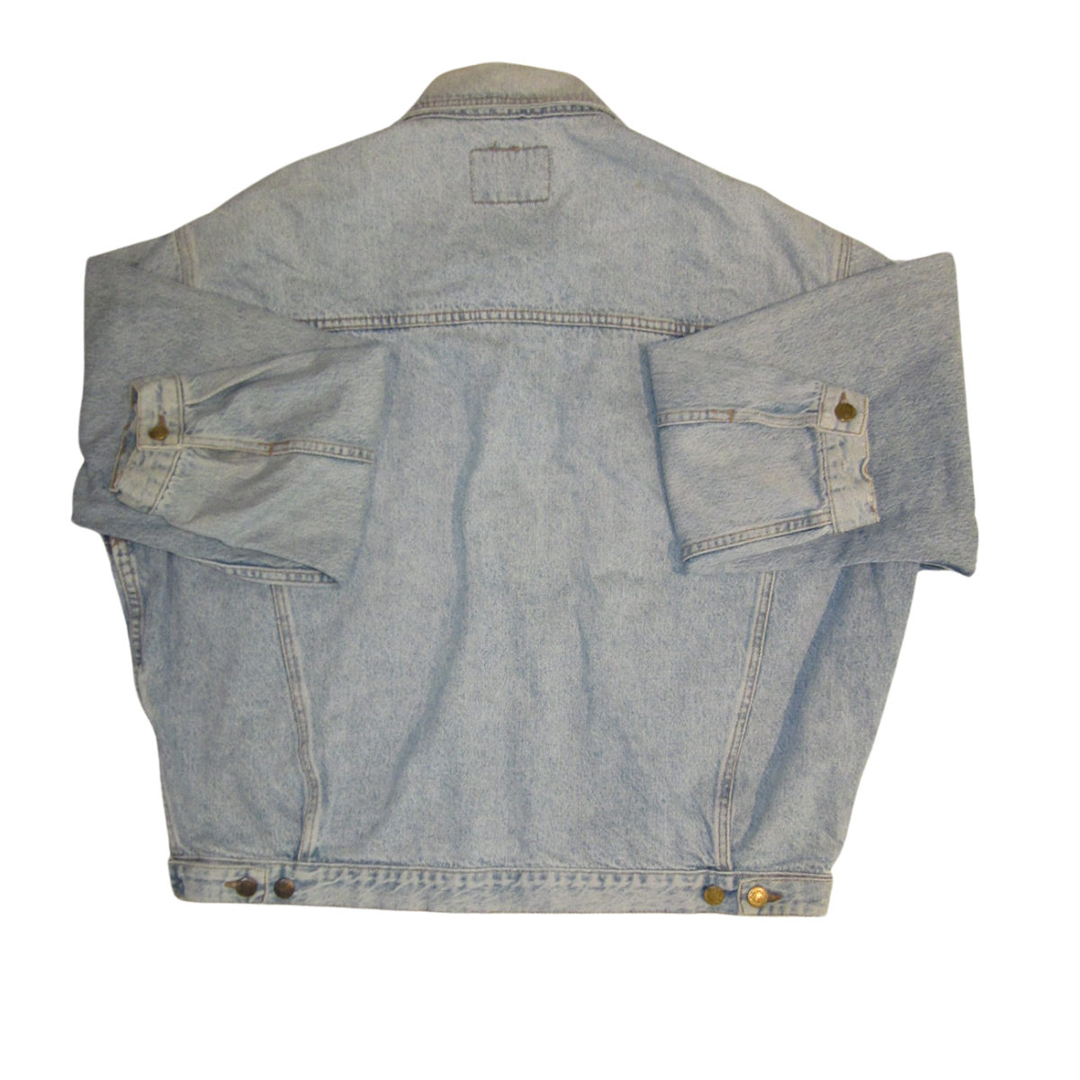 Back view of a vintage, light-wash denim jacket with long sleeves and metal button closures at the cuffs and hem.