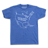 Short sleeve heather royal blue t-shirt with a white ink outline of North America with "UNITED STATES OF ONTARIO" printed inside the USA.
