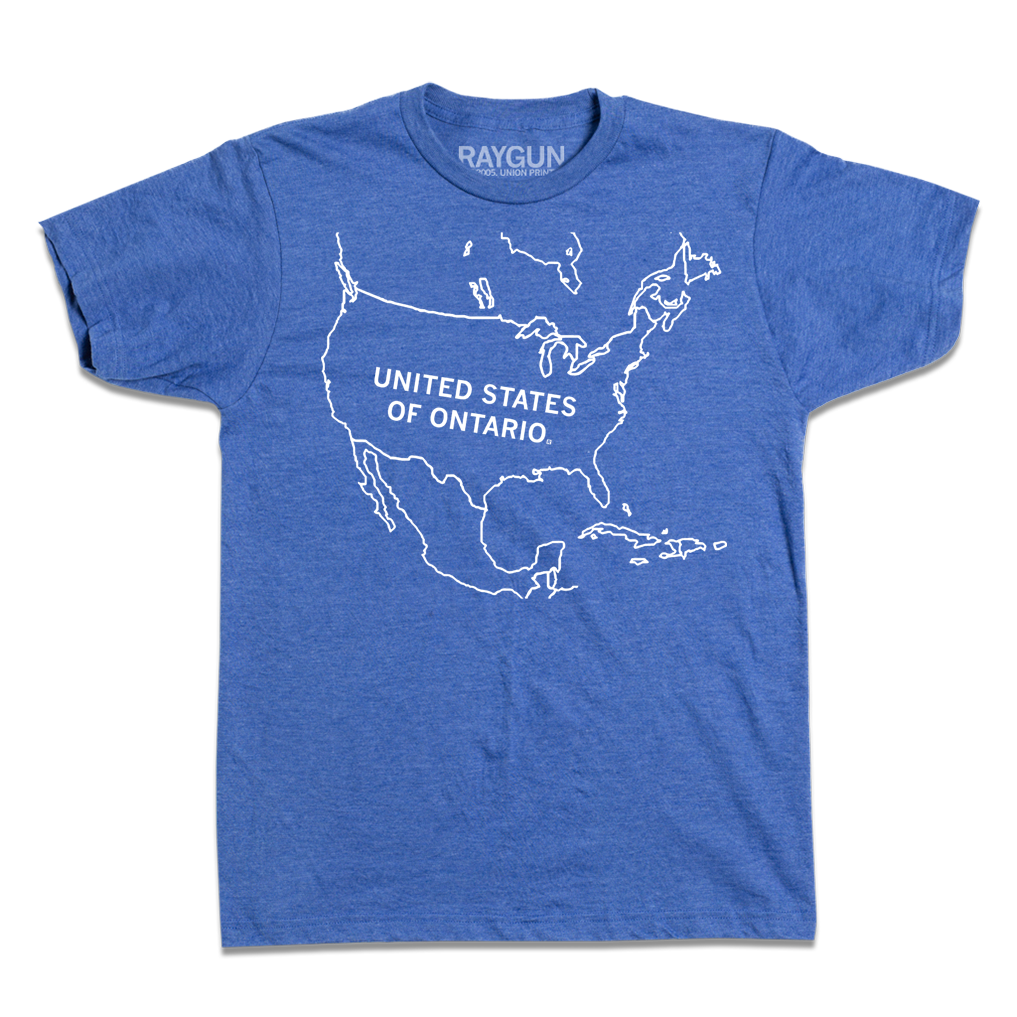 Short sleeve heather royal blue t-shirt with a white ink outline of North America with "UNITED STATES OF ONTARIO" printed inside the USA.