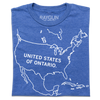 A folded heather blue t-shirt with a white ink outline of North America with "UNITED STATES OF ONTARIO" printed inside the USA.
