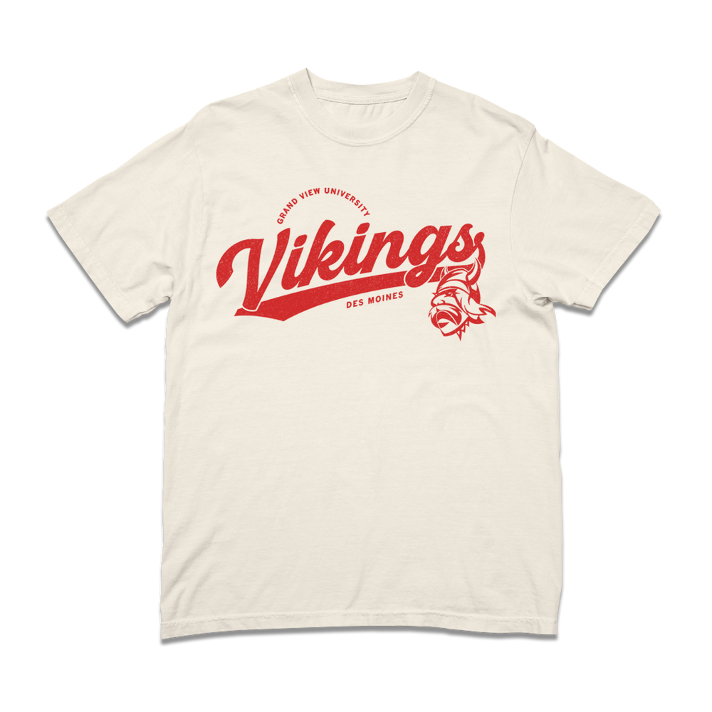 Off white t-shirt with red script text that reads "Grandview University Vikings. Des Moines" with an illustration of the viking logo.