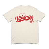 Off white t-shirt with red script text that reads "Grandview University Vikings. Des Moines" with an illustration of the viking logo.