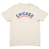 Comfort Colors heavyweight t-shirt with blue and red print. In call caps "Chicago" is printed as an arch with a red line curved below it.
