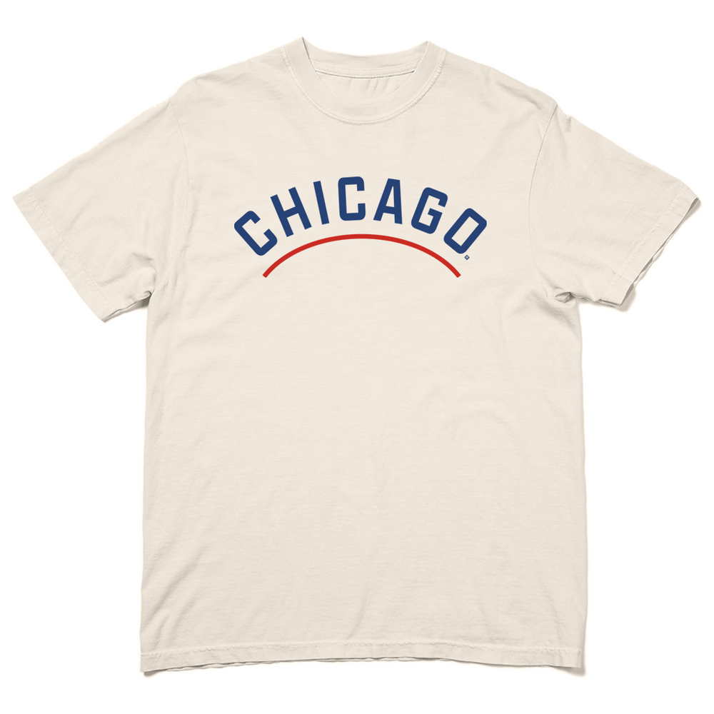 Comfort Colors heavyweight t-shirt with blue and red print. In call caps "Chicago" is printed as an arch with a red line curved below it.