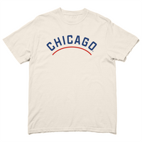 Comfort Colors heavyweight t-shirt with blue and red print. In call caps "Chicago" is printed as an arch with a red line curved below it.