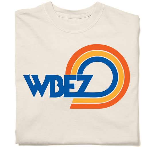 Off-white WBEZ Chicago t-shirt featuring the vintage blue and orange logo with concentric semi-circles.