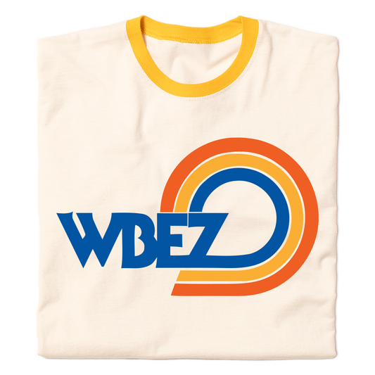 Off-white vintage logo WBEZ ringer t-shirt with a yellow collar and the blue and orange station logo on the chest.