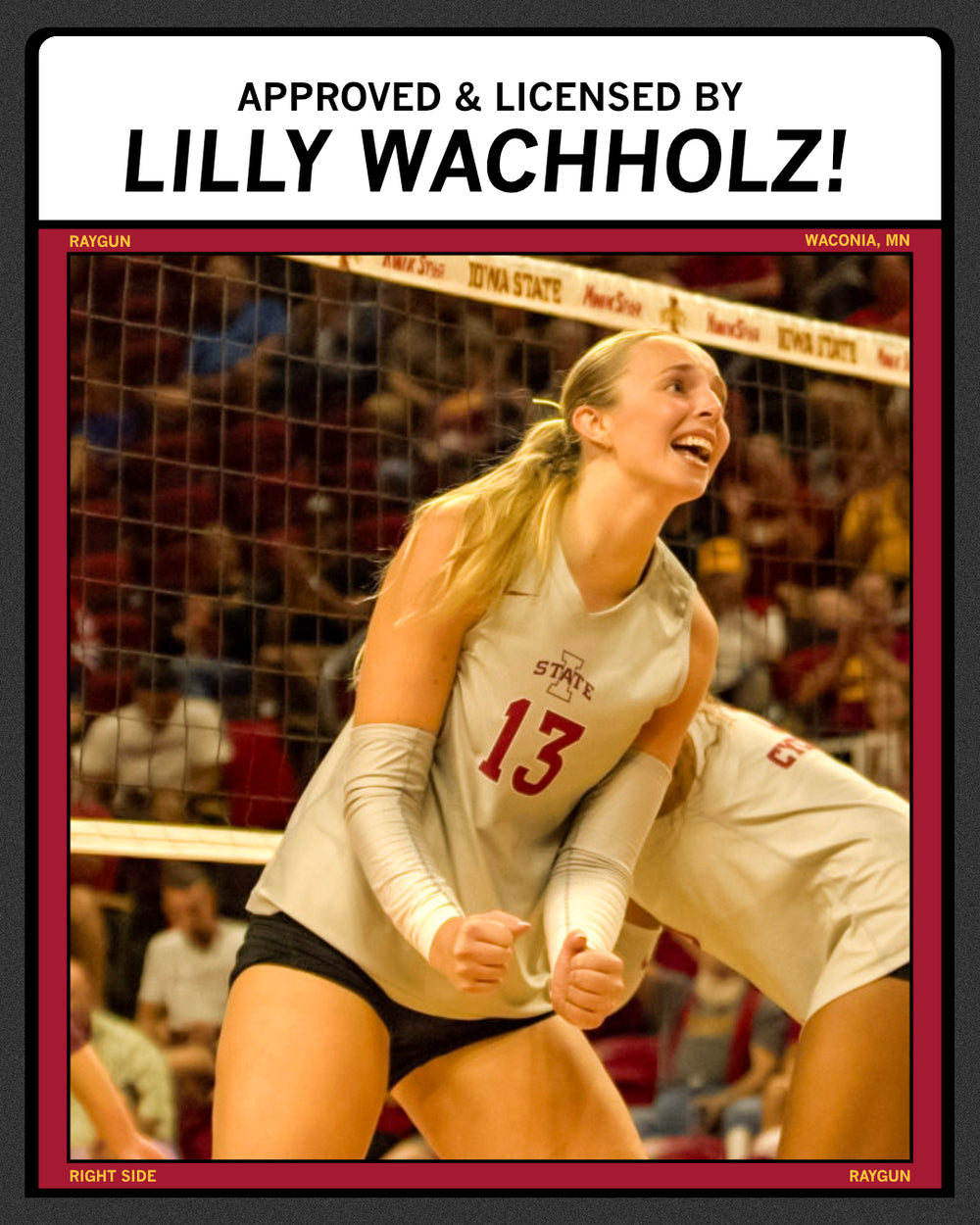 Iowa State volleyball player Lilly Wachholz, wearing a jersey numbered 13, cheers on the court while dressed in a heather red T-shirt.