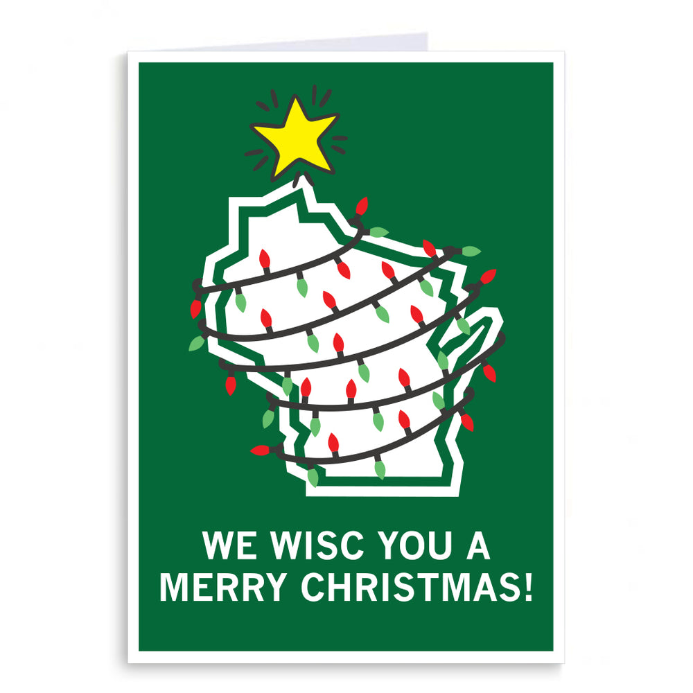 Holiday card with the state of Wisconsin decorated like a Christmas tree and the text "We Wisc you a merry Christmas"