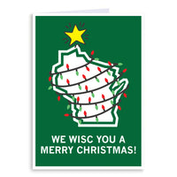 Holiday card with the state of Wisconsin decorated like a Christmas tree and the text "We Wisc you a merry Christmas"