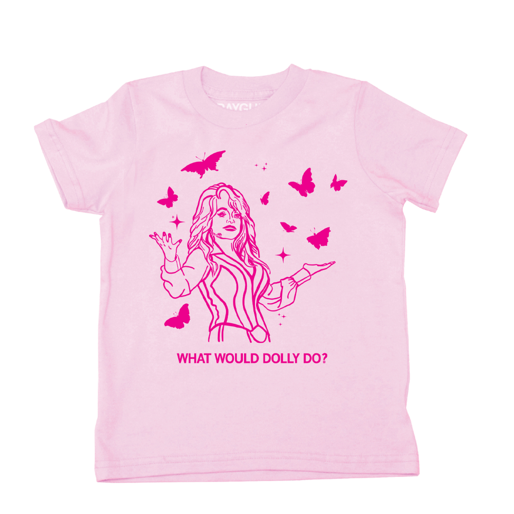 A youth size short sleeve light pink t-shirt with hot pink ink depicting Dolly Parton with open arms, surrounding by butterflies and sparkles. All caps text below says, "WHAT WOULD DOLLY DO?"
