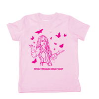 A youth size short sleeve light pink t-shirt with hot pink ink depicting Dolly Parton with open arms, surrounding by butterflies and sparkles. All caps text below says, "WHAT WOULD DOLLY DO?"