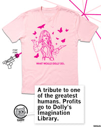 Promo image with the same design as a shirt and Gary saying, "A tribute to one of the greatest humans. Profits go to Dolly's Imagination Library."