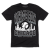 Black t-shirt with white ink. Text reads "South Side tested. White Sox Chicago. Pope approved." with the Chicago skyline in the center and a baseball above it.
