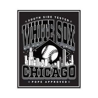 Black rectangular sticker with white and grey print. Text reads "South Side tested. White Sox Chicago. Pope approved." with the Chicago skyline in the center and a baseball above it.