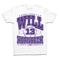 A white shirt with purple ink that read reads "Where there's a Will Hornseth there's a way Hornseth" over a graphic of a basketball court and giant basketball in the center with the number 13 on it.
