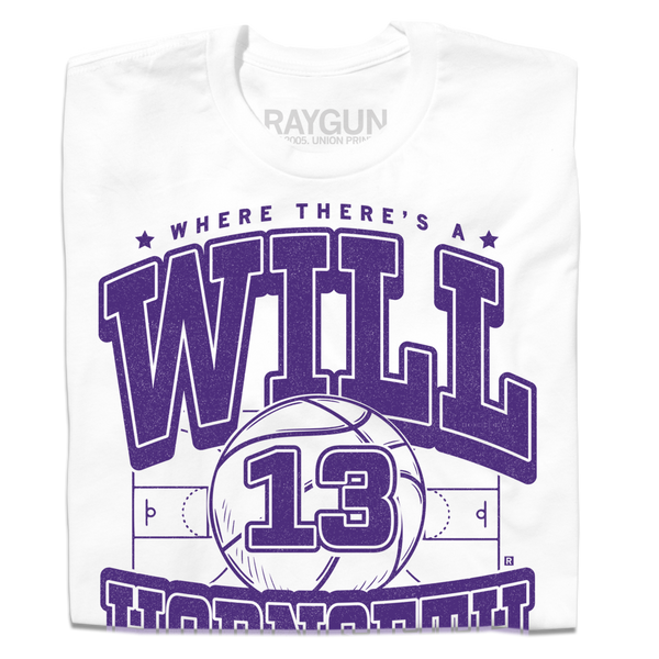 Folded white t-shirt with purple ink that read reads 