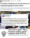 A news headline about Fox News mocking wine moms alongside a tweet and a meme of a cat named Gary, with text riffing on union labor and the phrase, You can’t spell this Franzia tastes great without A-N-T-I-F-A.