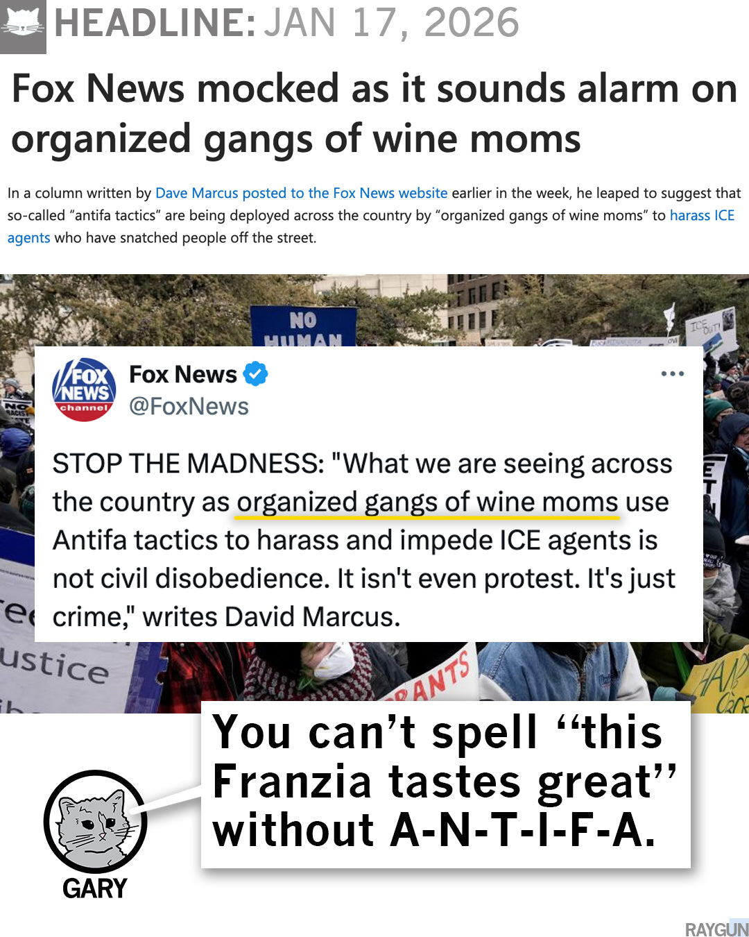 A news headline about Fox News mocking wine moms alongside a tweet and a meme of a cat named Gary, with text riffing on union labor and the phrase, You can’t spell this Franzia tastes great without A-N-T-I-F-A.