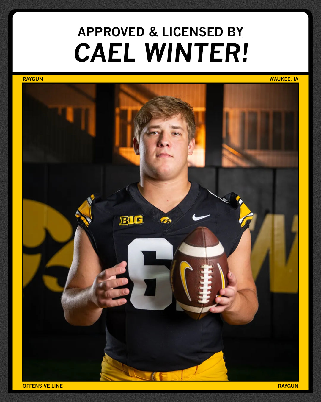 Raygun graphic of Iowa football player Cael Winter in a black and yellow jersey holding a football, presented as a Hay Bale Champion.