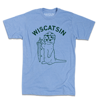 A light heather blue shirt with dark green ink. Curved text near the top says, "Wiscatsin" above an illustration of RAYGUN's cat mascot, Gary, wearing a cheese hat and holding a fist.