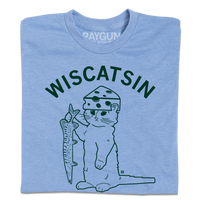 A heather blue t-shirt with dark green ink. Curved text near the top says, "Wiscatsin" above an illustration of RAYGUN's cat mascot, Gary, wearing a cheese hat and holding a fist.