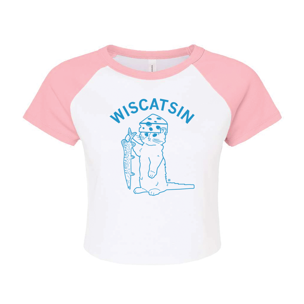A white baby tee with light pink sleeves and collar and brite blue ink. Curved text near the top says, "Wiscatsin" above an illustration of RAYGUN's cat mascot, Gary, wearing a cheese hat and holding a fist.