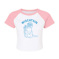 A white baby tee with light pink sleeves and collar and brite blue ink. Curved text near the top says, "Wiscatsin" above an illustration of RAYGUN's cat mascot, Gary, wearing a cheese hat and holding a fist.