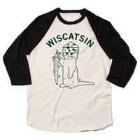 A vintage white baseball tee with black 3/4 sleeves and black color. Dark green curved text near the top says, "Wiscatsin" above an illustration of RAYGUN's cat mascot, Gary, wearing a cheese hat and holding a fist.
