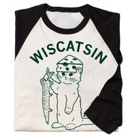 Folded vintage white baseball tee with black 3/4 sleeves and black color. Dark green curved text near the top says, "Wiscatsin" above an illustration of RAYGUN's cat mascot, Gary, wearing a cheese hat and holding a fist.