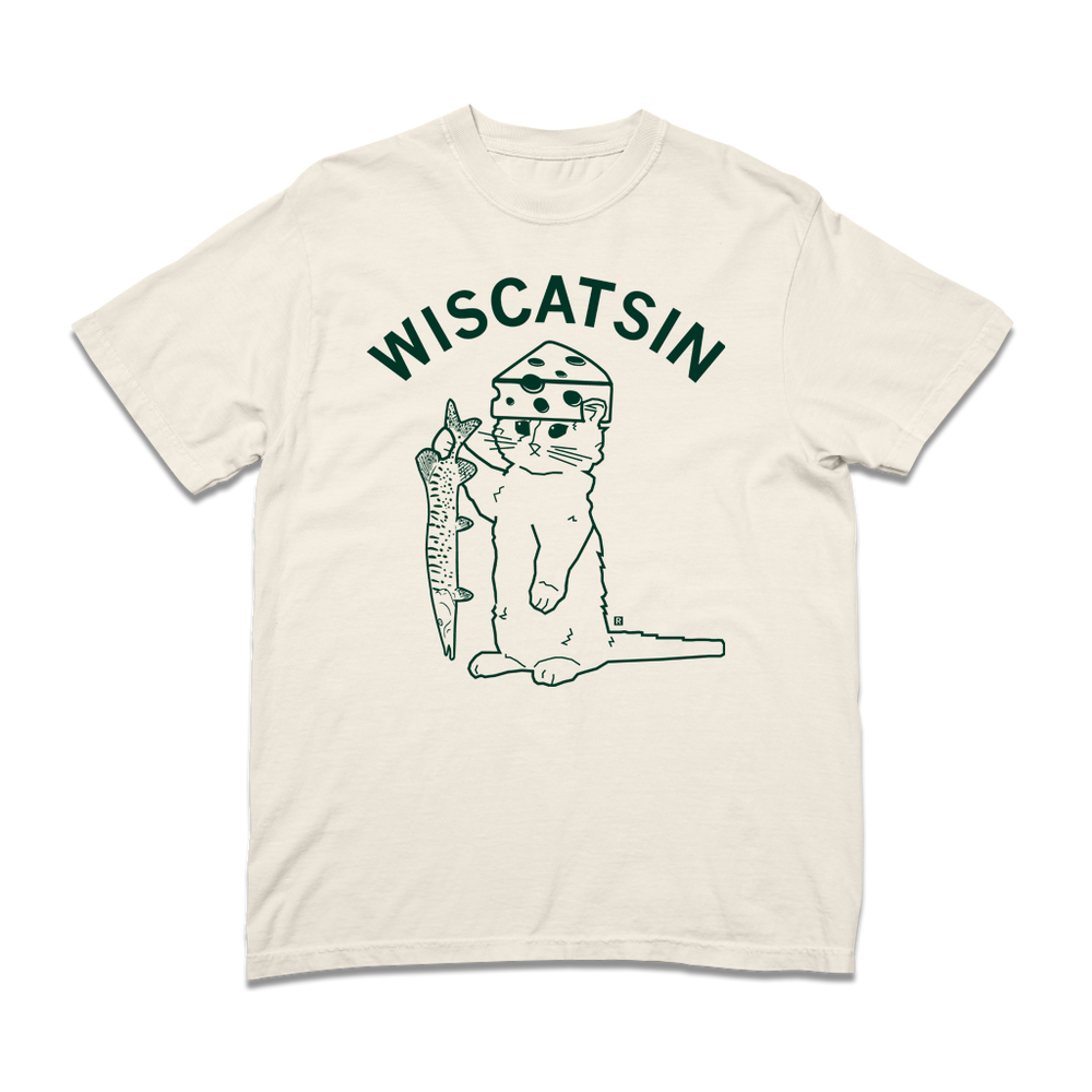 Comfort Colors off-white heavyweight t-shirt with dark green ink. Curved text near the top says, "Wiscatsin" above an illustration of RAYGUN's cat mascot, Gary, wearing a cheese hat and holding a fist.