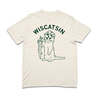 Comfort Colors off-white heavyweight t-shirt with dark green ink. Curved text near the top says, "Wiscatsin" above an illustration of RAYGUN's cat mascot, Gary, wearing a cheese hat and holding a fist.