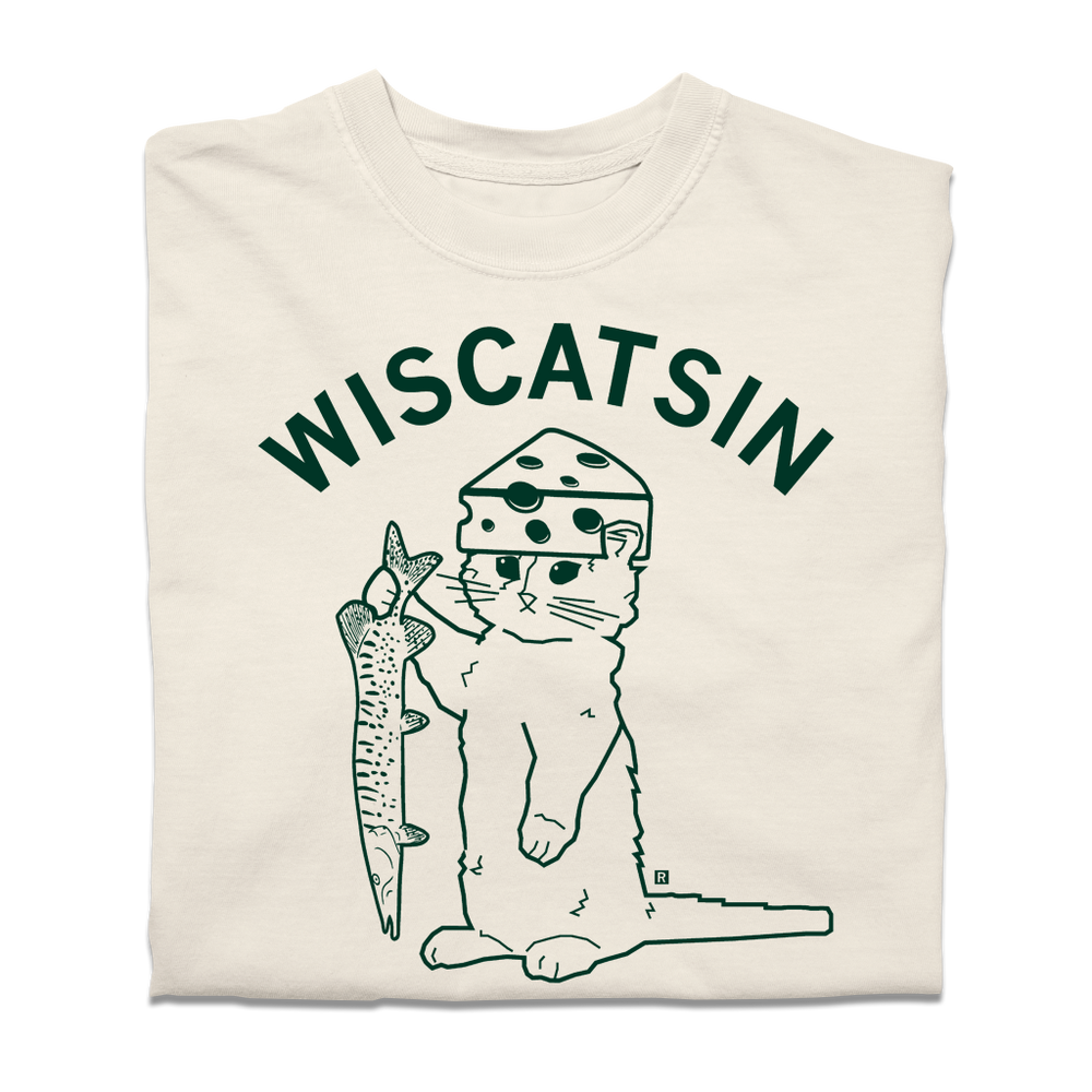 A folded ivory heavyweight t-shirt with dark green ink. Curved text near the top says, "Wiscatsin" above an illustration of RAYGUN's cat mascot, Gary, wearing a cheese hat and holding a fist.