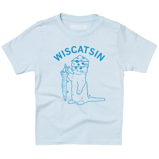 Youth sized ice blue t-shirt with bright blue ink. Curved text near the top says, "Wiscatsin" above an illustration of RAYGUN's cat mascot, Gary, wearing a cheese hat and holding a fist.