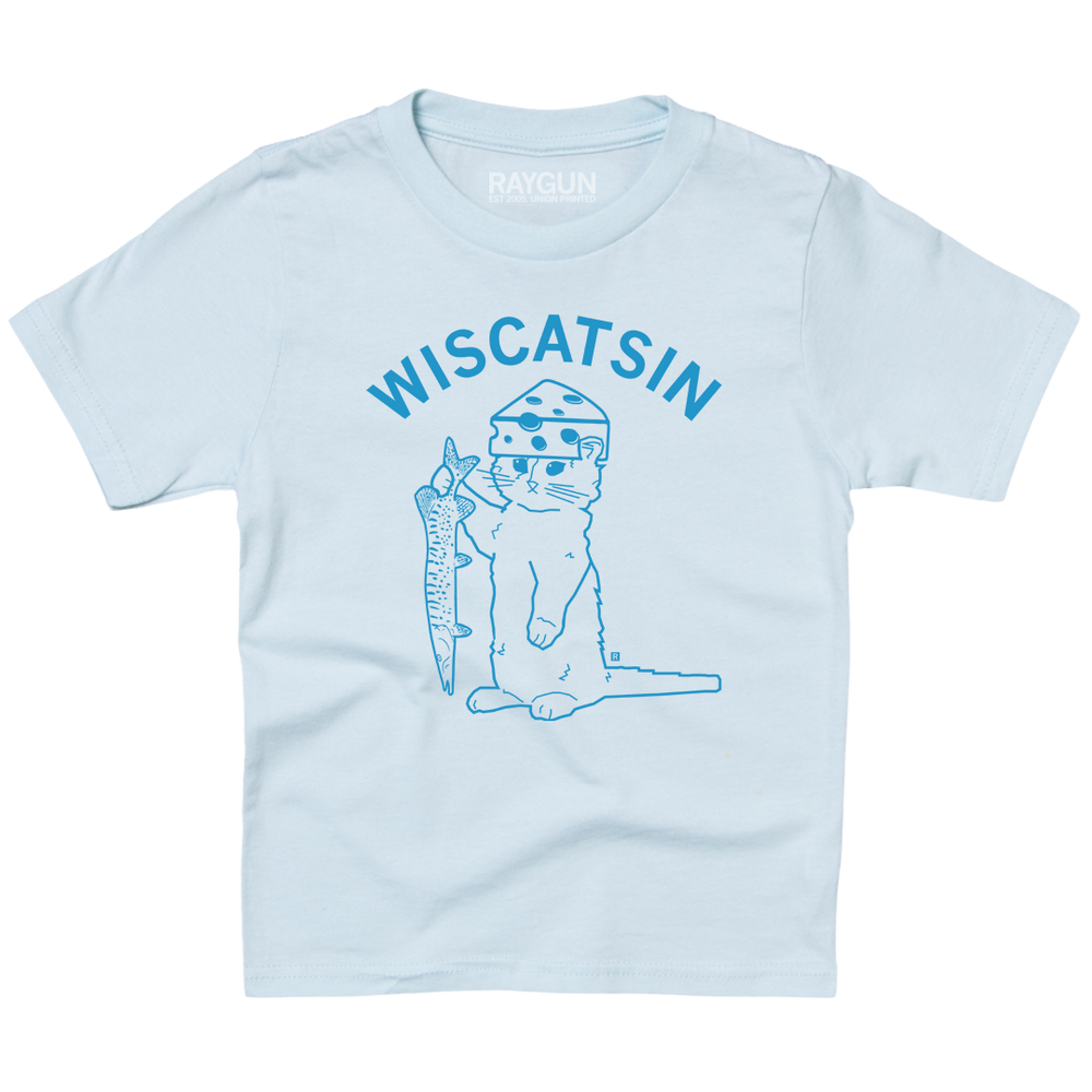 Youth sized ice blue t-shirt with bright blue ink. Curved text near the top says, "Wiscatsin" above an illustration of RAYGUN's cat mascot, Gary, wearing a cheese hat and holding a fist.